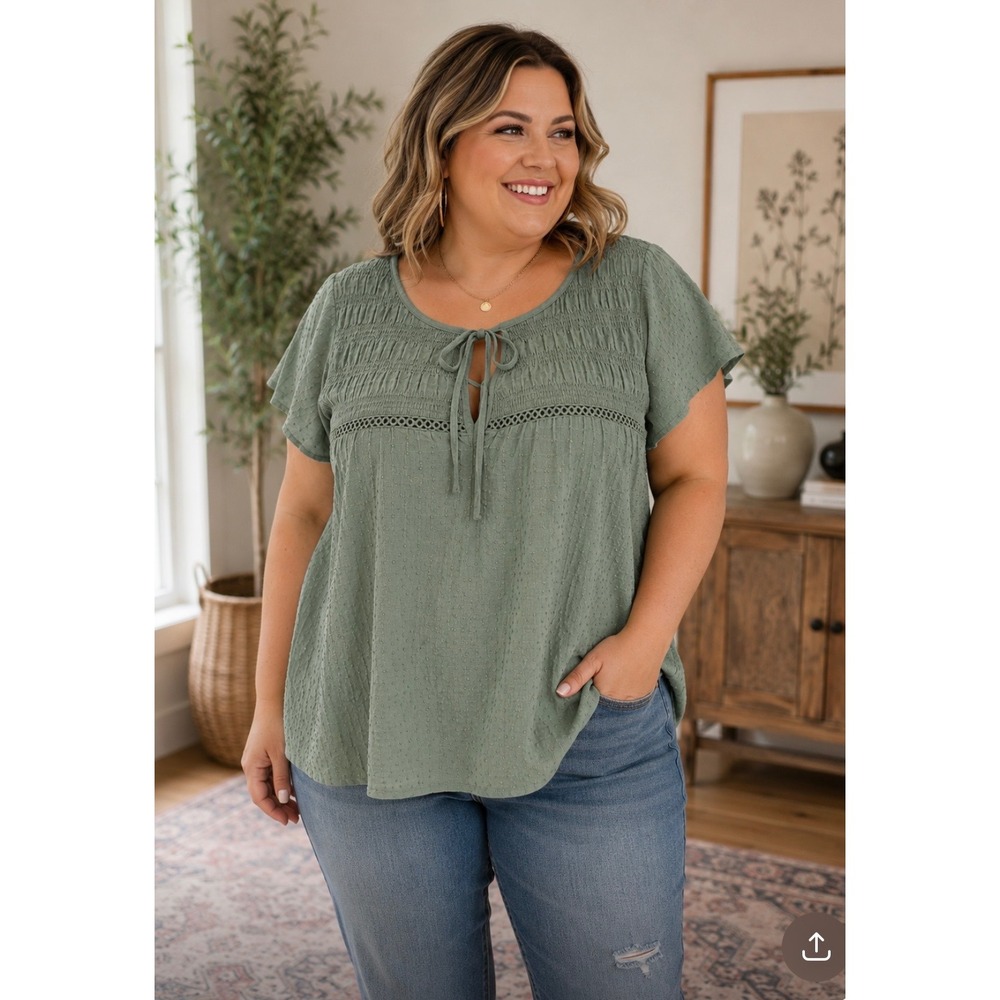 Torrid Granite Green Smocked Yoke Cotton Top 4 4X 26 Lace Trim 43580382